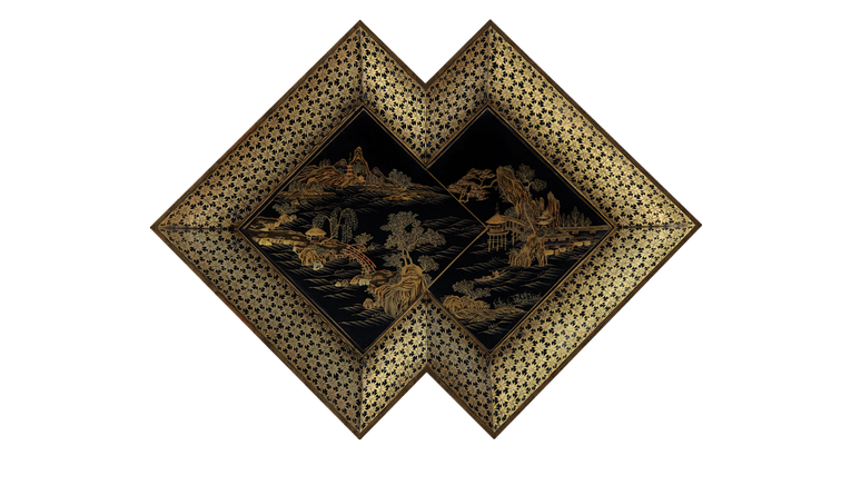 黑漆描金山水图方胜式盘