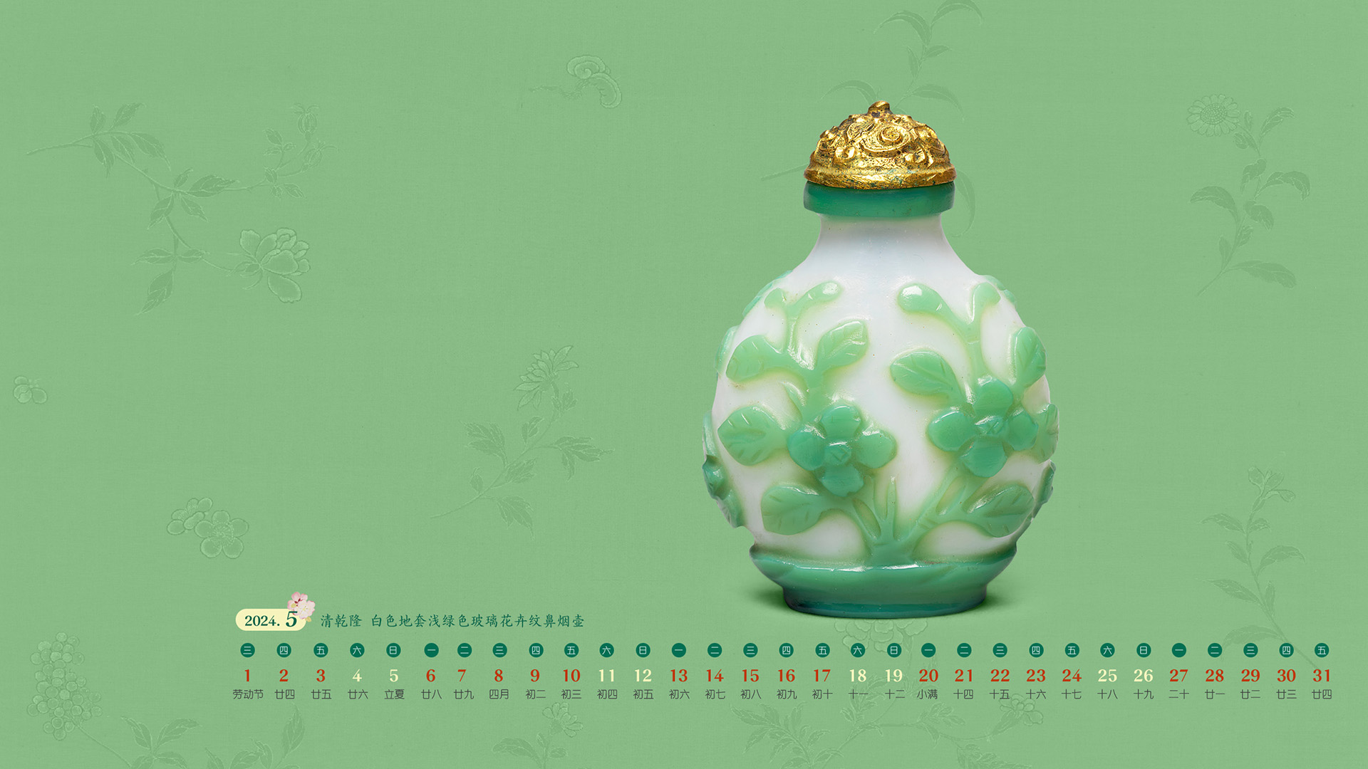 清乾隆  白色地套浅绿色玻璃花卉纹鼻烟壶