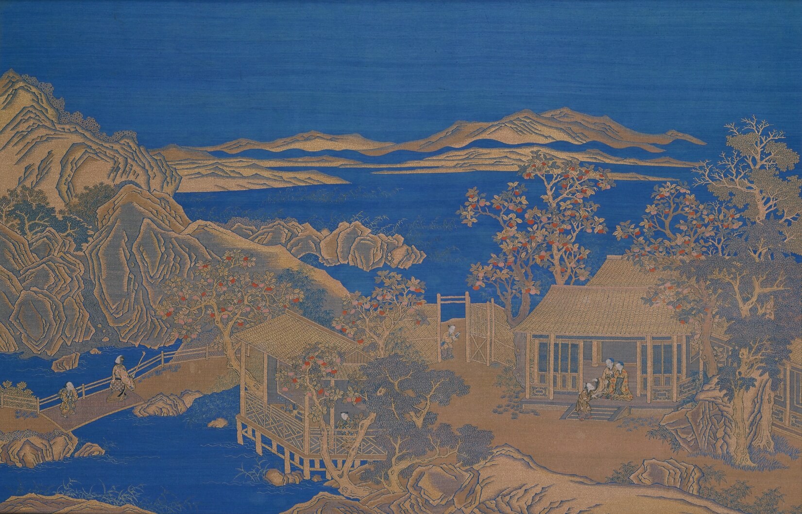 缂金加绣山庄人物图挂屏