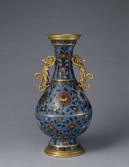 Jingtai-mark cloisonne 'Interlocking Lotus' vase with dragon handles, The Palace Museum