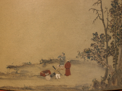 宜兴窑紫砂描金堆绘山水人物纹大笔筒画面——候渡