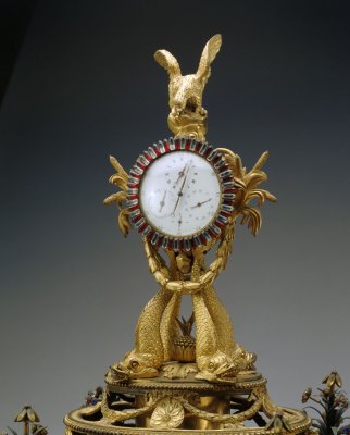 铜镀金四象驮跑人转四角花日历表(局部1)