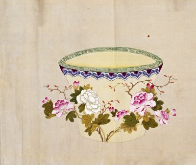 黄地五彩牡丹圆花盆图样