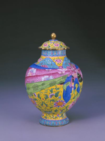 Yongzheng-mark painted enamel covered jar with tied-cloth design, The Palace Museum