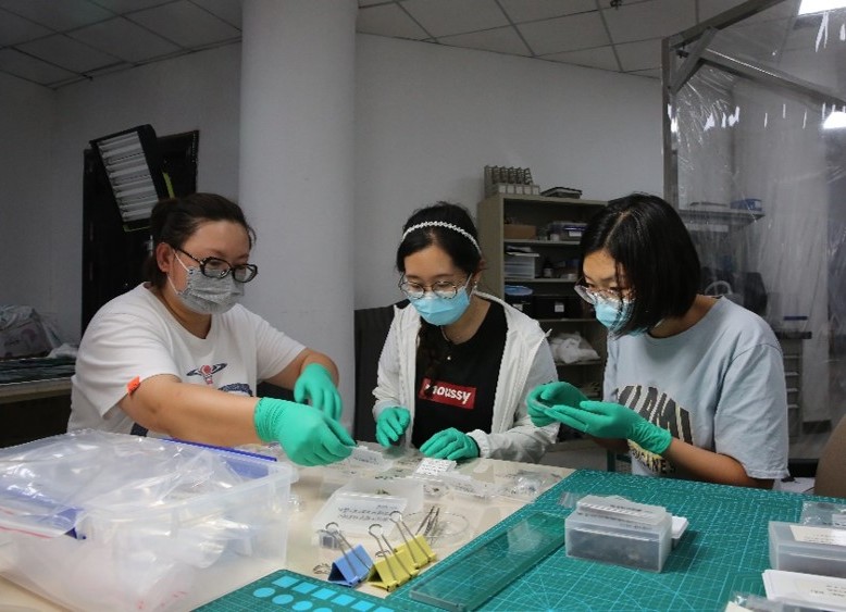 联合实验室人员对巴里坤清代墓葬出上文物进行取样研究
