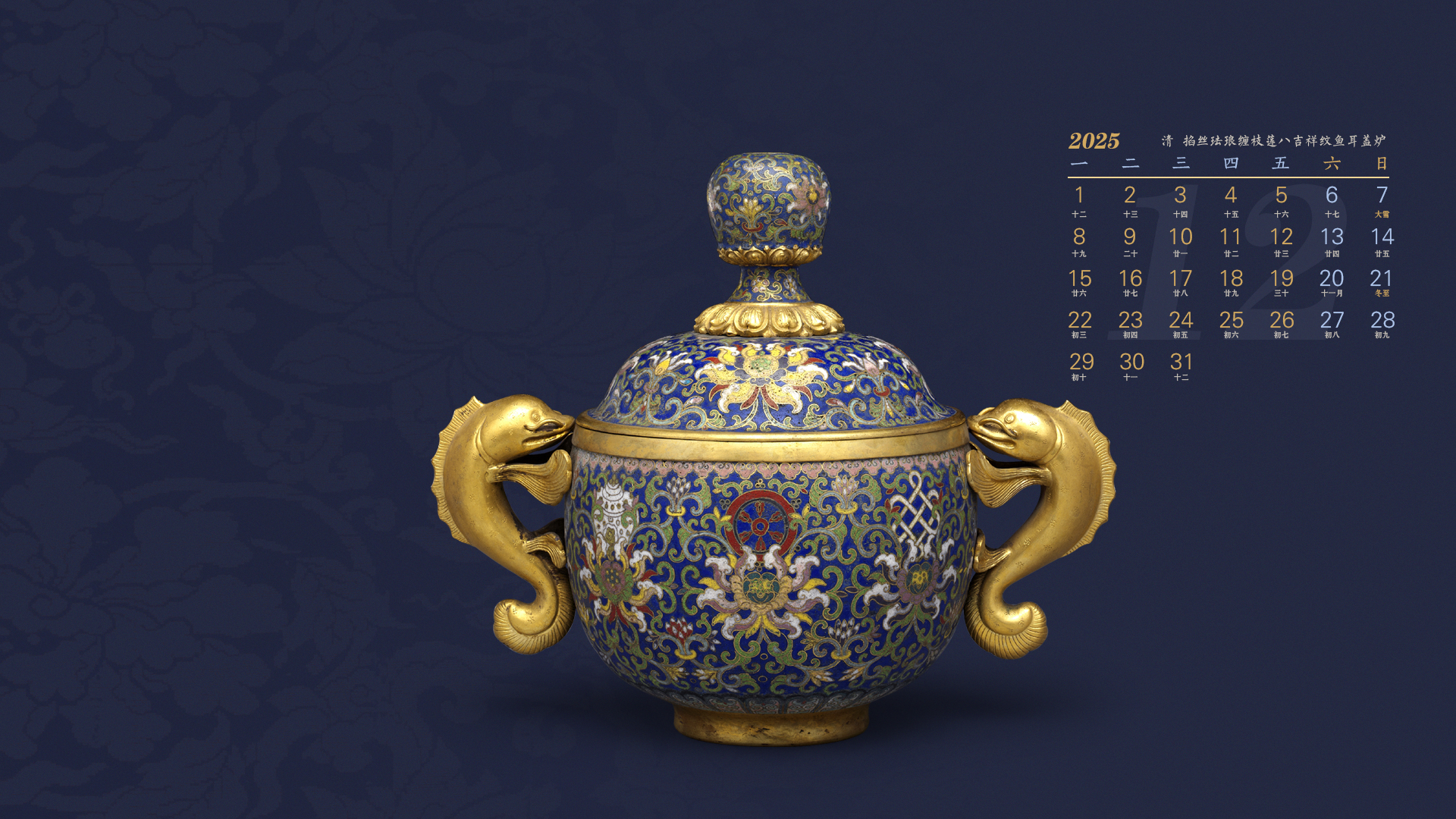 清  掐絲琺瑯纏枝蓮八吉祥紋魚耳蓋爐