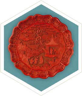 明永乐  永乐款剔红携琴访友图葵瓣式盘