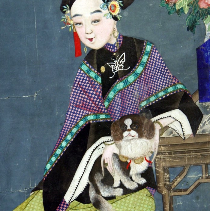 满族仕女抱狗像单页